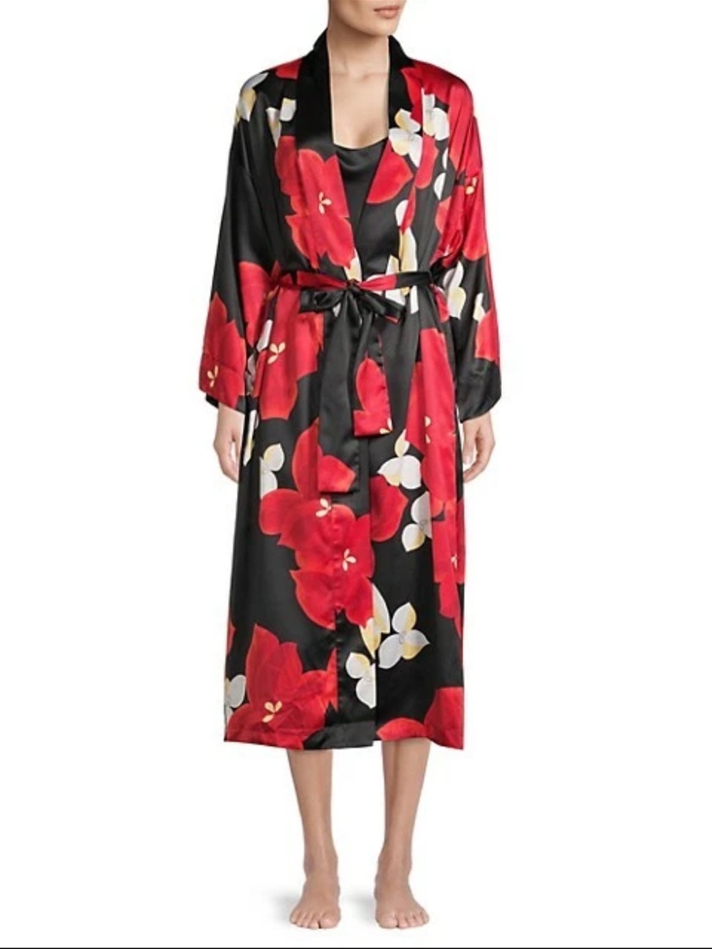 Natori Ginza Long Kimono Robe Womens One Size Black Satin Red Floral Lounge - Picture 2 of 15